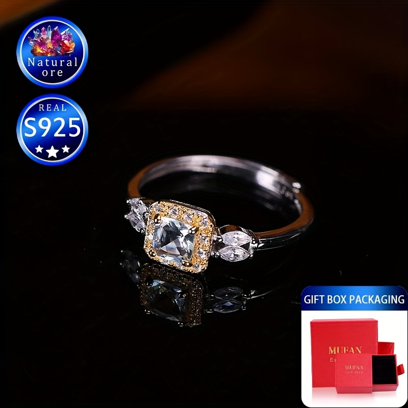 S925 Silver Light Blue Gemstone Ring Adjustable Opening